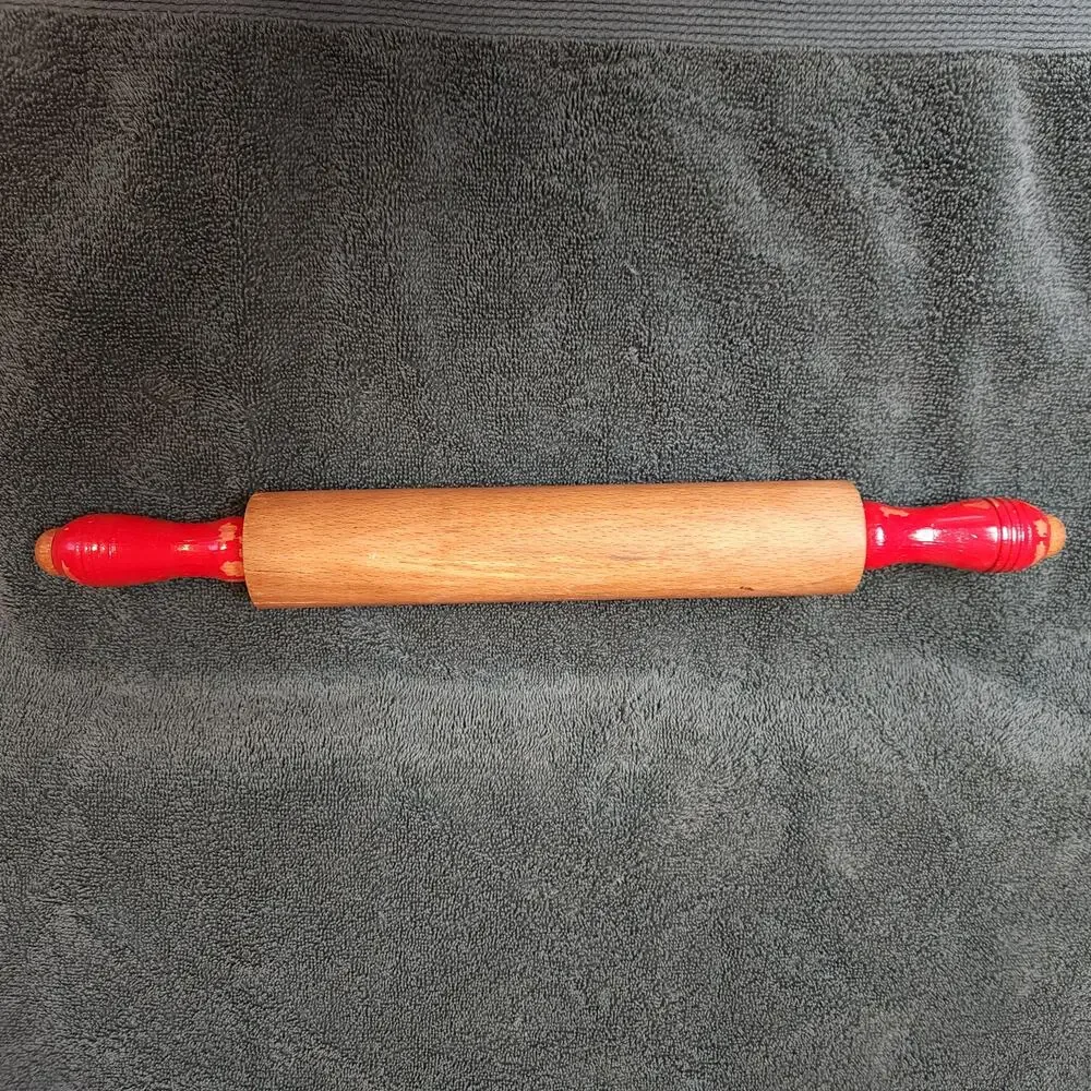 Vintage Hardwood Rolling Pin w Red Grooved Handles Circa 1950s - 1960s
